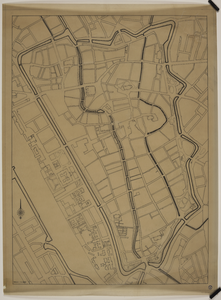 217107 Plattegrond van de binnenstad van Utrecht, zonder aanduidingen en met enkel aangeving van rooilijnen en waterlopen.